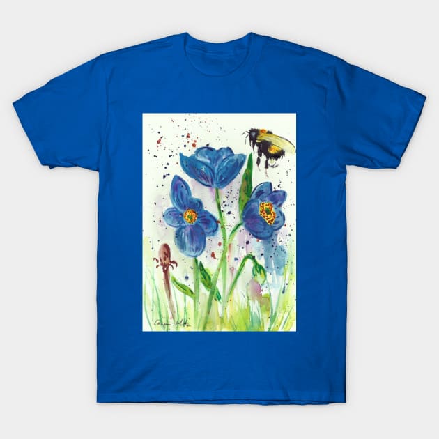Bumble bee and blue flowers T-Shirt by Casimirasquirkyart